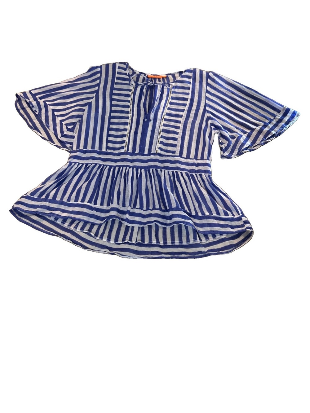 Oliphant Women’s Flirty Blue and White Striped Peplum Flare Lightweight Top Sz M